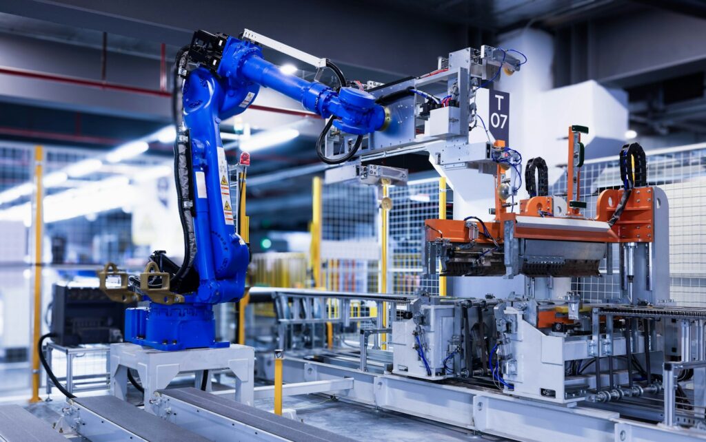 An industrial robot arm in a factory