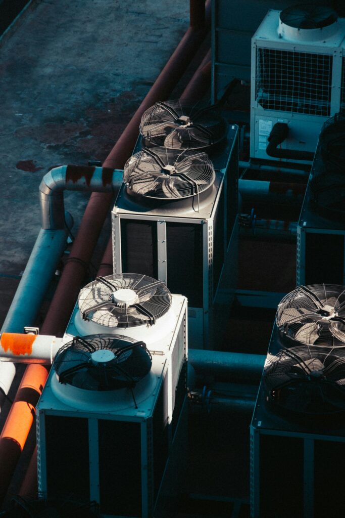 A group of commercial air conditioning units