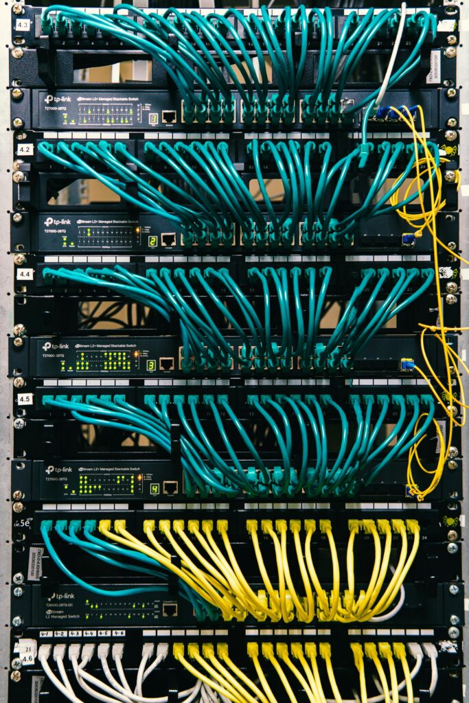 A rack of servers with cables attached