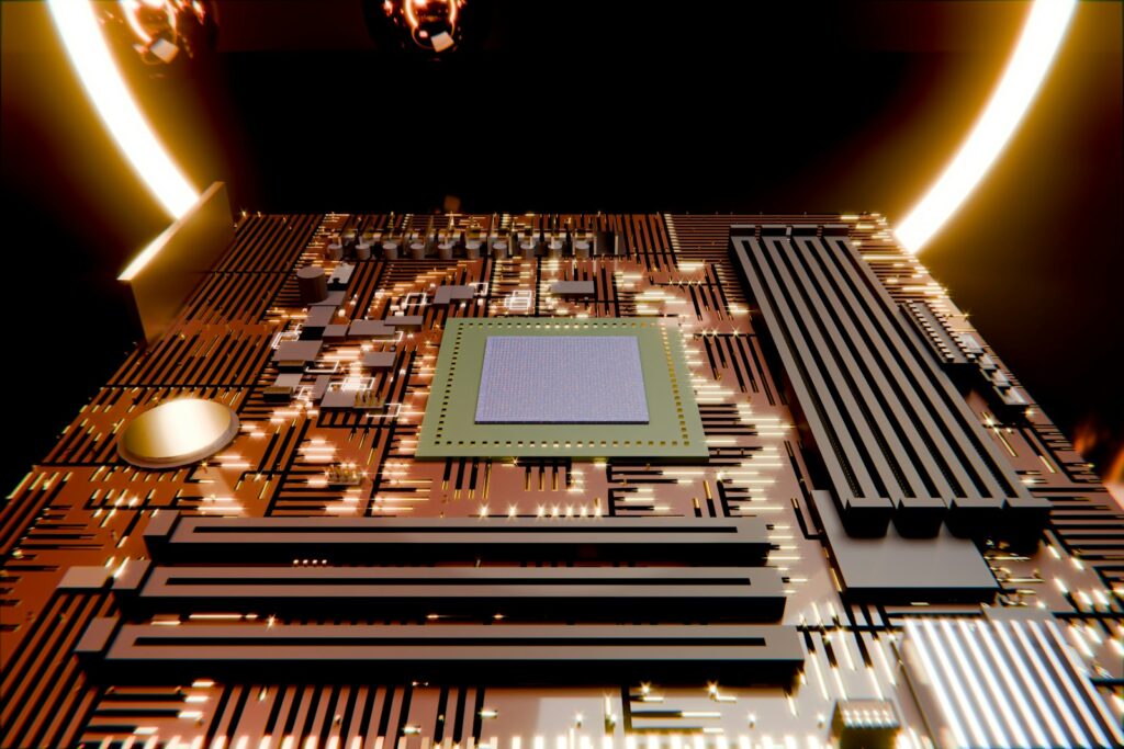 A glowing circuit board with a central processing unit