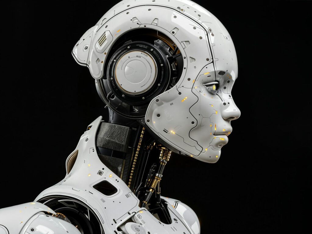 White humanoid robot head and shoulders against a black background