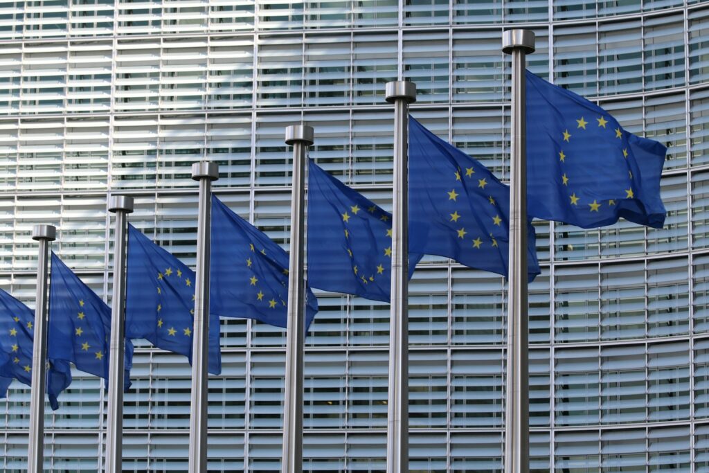 A row of European Union flags flying outside a building in Europe