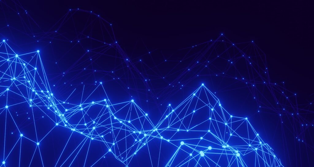A blue background with connected lines and dots representing a network