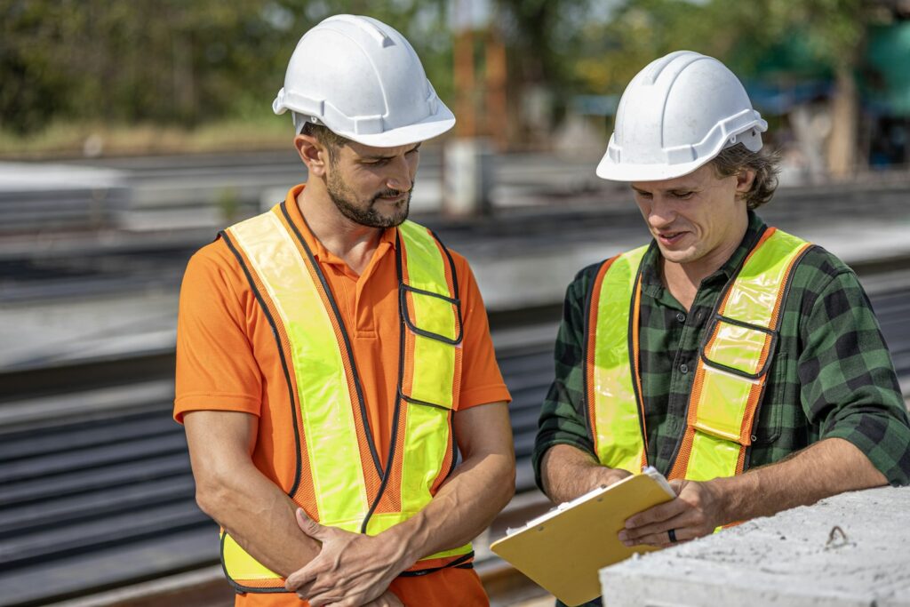 Construction workers reviewing plans together on a site