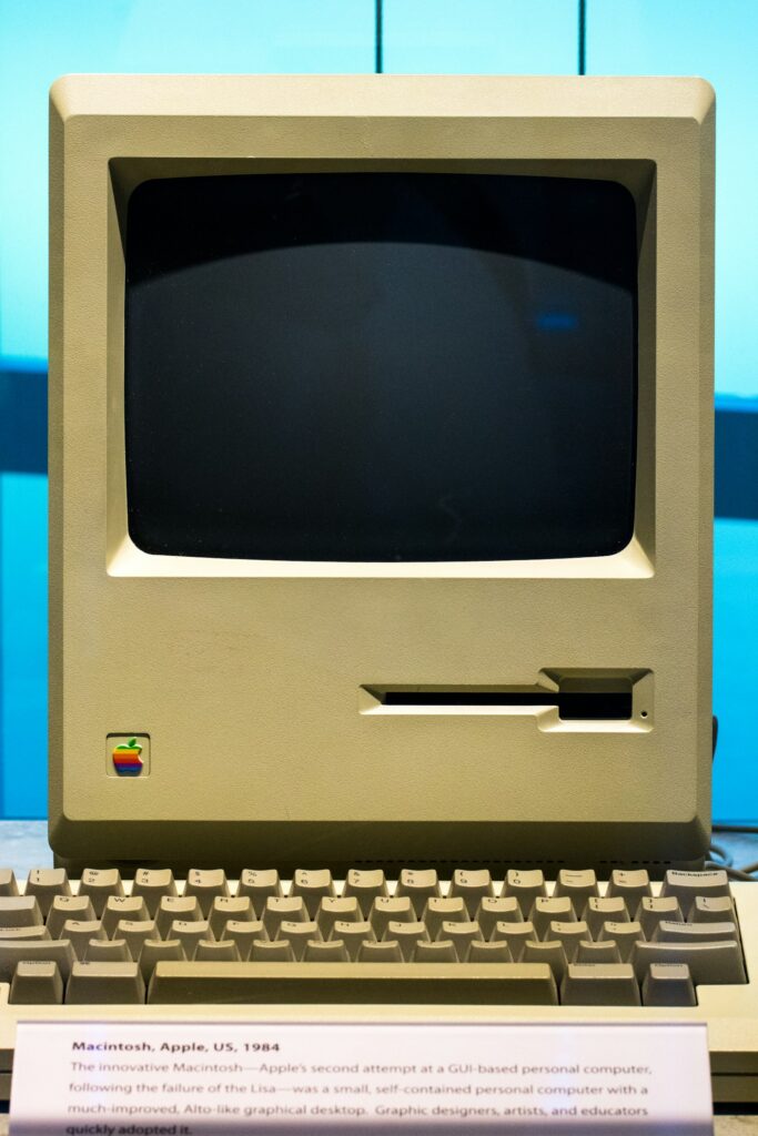 A turned off vintage computer monitor