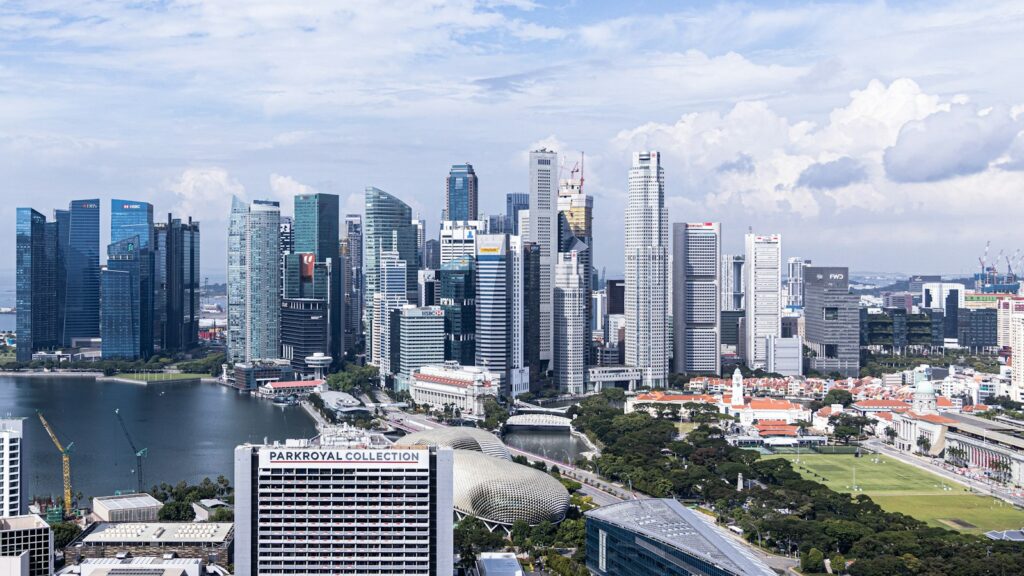 City buildings near a body of water in the Singapore business district